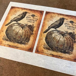 May include: Two rectangular paper prints featuring a vintage-style illustration of a black crow perched on a large pumpkin. The text "1864 Olde Crow PUMPKIN PATCH" is printed in black ink on a sepia-toned background with a decorative border.