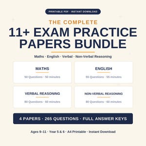 Op de afbeelding: Een printbaar PDF-pakket getiteld The Complete 11+ Exam Practice Papers Bundle, met secties voor wiskunde, Engels, verbaal en non-verbaal redeneren. Het bevat 4 toetsen, 265 vragen en volledige antwoordsleutels voor kinderen van 9-11 jaar.