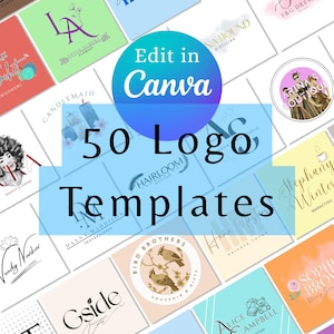 Può includere: Una collezione di 50 modelli di logo con diversi design grafici, tipografie e illustrazioni in vari colori. La sovrapposizione circolare blu centrale mostra il testo Edit in Canva e 50 Logo Templates in carattere nero.