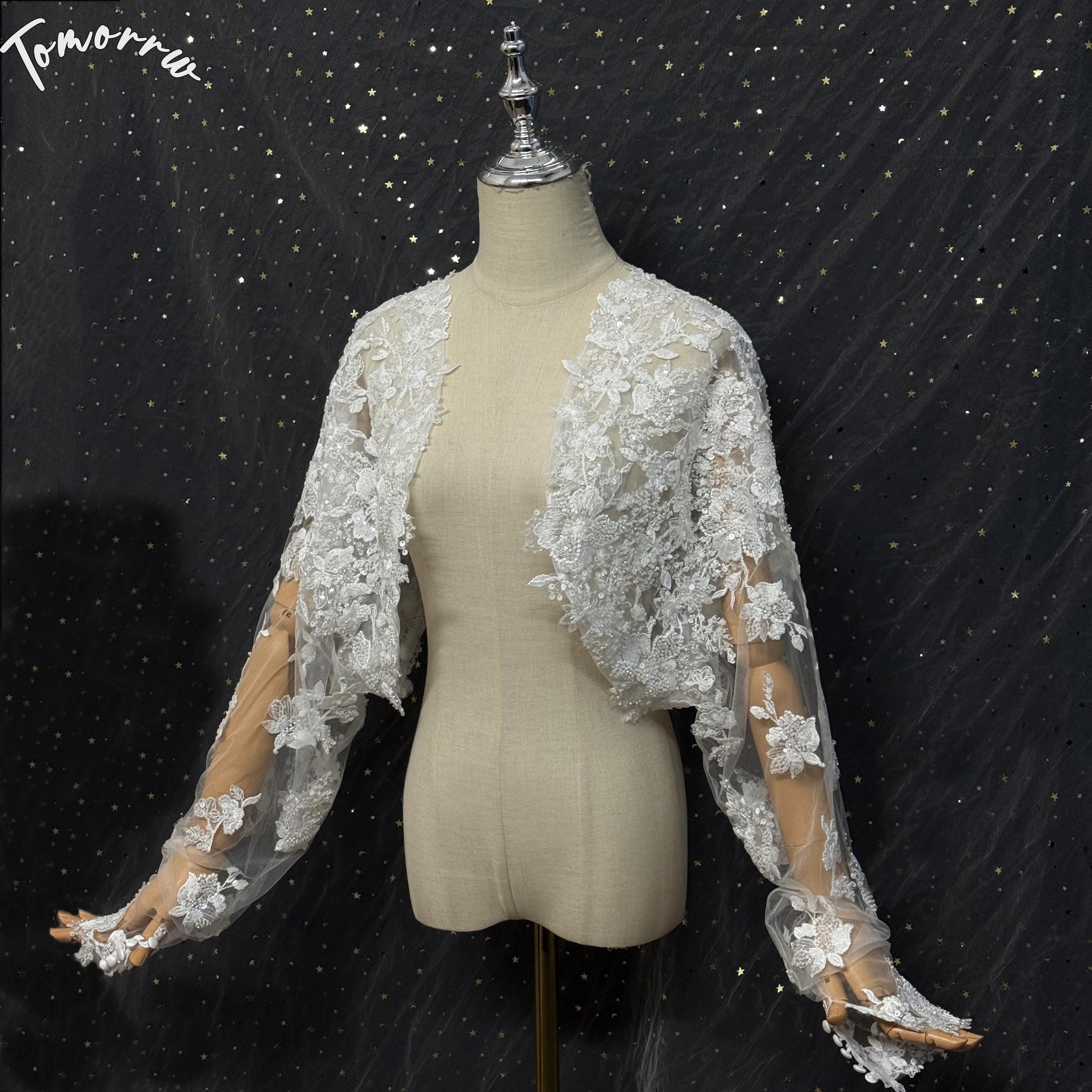 Sparkle Beaded Lace Bridal Bolero, Long Sleeve Wedding Dress Topper, Floral Lace Jacket
