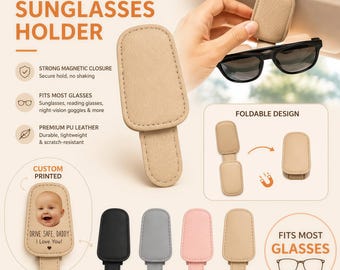 Soporte para gafas de sol diseñado a medida para parasoles de coche, clip magnético de cuero sintético con foto personalizada: un regalo de seguridad vial para papá.