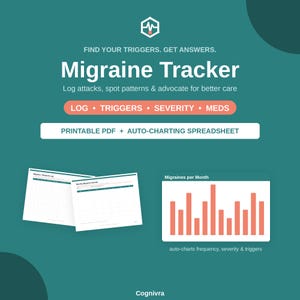 Könnte beinhalten: Ein digitales Migräne-Tracking-Tool auf türkisfarbenem Hintergrund mit weißem Text: Migraine Tracker, Find your triggers. Get answers. Log attacks, spot patterns & advocate for better care. Enthält ein druckbares PDF und eine automatische Tabelle.