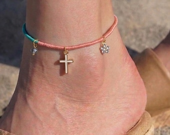Hand-Knitted Coral Green Anklet Bracelet, Kumihimo Inspired, Charm Embellished
