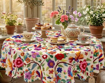 Mexicaans tafelkleed met bloemenvogel, feestelijk Fiesta-feestdecor, kleurrijk keukentafellinnen