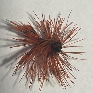 May include: A fishing fly lure featuring a central dark core surrounded by numerous stiff, radiating brown synthetic fibres. The design consists of a dense cluster of thin, pointed filaments that extend outwards in a circular pattern from the centre.