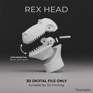Puede incluir: Un modelo de cabeza de T-Rex impreso en 3D en color blanco con una mandíbula articulada que se abre y se cierra. La imagen incluye el texto REX HEAD, Articulated Jaw Opens and Closes, 3D DIGITAL FILE ONLY Suitable for 3D Printing y la marca Tiaacreates.