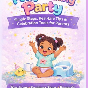 Könnte beinhalten: Ein digitaler Ratgeber mit dem Titel Potty Training Party: Simple Steps, Real-Life Tips & Celebration Tools for Parents. Das Cover zeigt ein gezeichnetes Kind in einem hellblauen T-Shirt und Windel, ein gelbes Küken, eine Klopapierrolle und ein Töpfchen.
