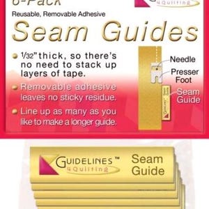 May include: A 6-pack of Guidelines 4 Quilting seam guides. These rectangular, gold-colored adhesive strips are 1/32" thick, reusable, and removable. The packaging features instructions and a diagram showing the guide placed near a sewing machine needle and presser foot.