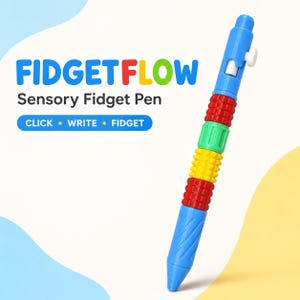 Puede incluir: Un bolígrafo sensorial fidget multicolor con el texto FIDGETFLOW Sensory Fidget Pen CLICK WRITE FIDGET. El bolígrafo tiene una parte superior azul con un pulsador blanco, una sección roja texturizada, una sección verde estriada, una sección amarilla con pinchos y una base azul.