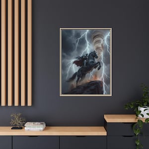 Knight on Rearing Horse Matte Canvas Framed | Storm Lightning Wall Art