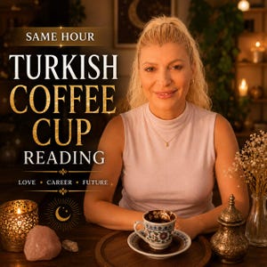 Puede incluir: Una taza de café turco con un patrón floral sobre un platillo, acompañada del texto SAME HOUR TURKISH COFFEE CUP READING LOVE CAREER FUTURE. La taza es blanca con motivos florales azules y rojos, colocada sobre una superficie de madera con una vela.