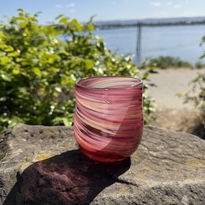 Mocha and Raspberry Hand Blown Glass Cup | Stemless Swirl Art