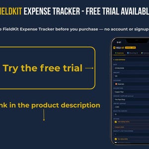 FieldKit Expense Tracker free trial available — test drive the Expense Trackerbefore you purchase, no account or signup required. Screenshot of FieldKit Expense Tracker on mobile phone. Link in the product description.