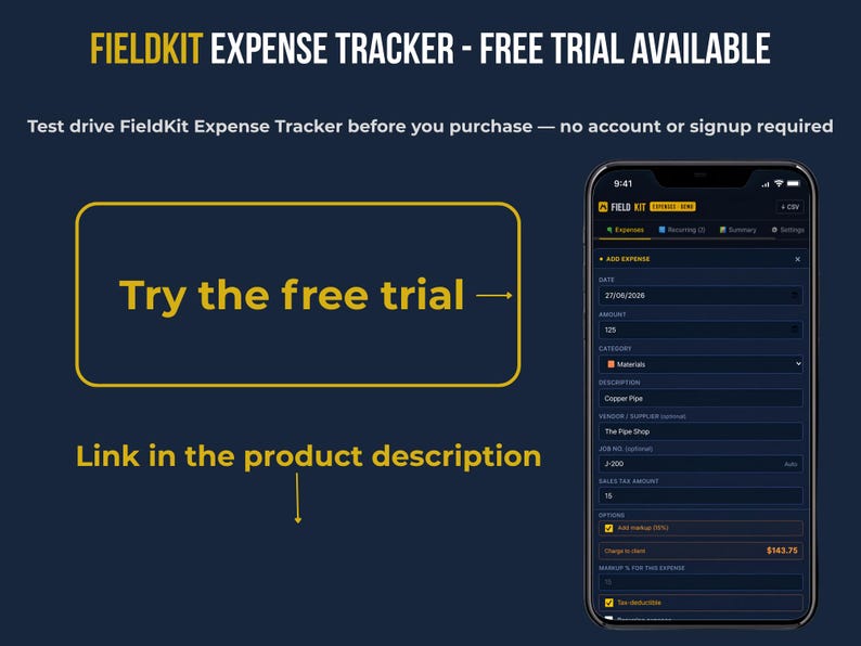 FieldKit Expense Tracker free trial available — test drive the Expense Trackerbefore you purchase, no account or signup required. Screenshot of FieldKit Expense Tracker on mobile phone. Link in the product description.