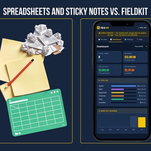 Before and after FieldKit — replace scattered notes and spreadsheets with the FieldKit Invoice Tracker dashboard showing pipeline, revenue, and recent activity