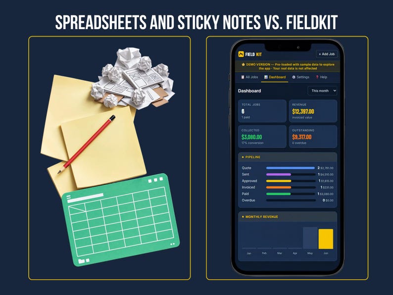 Before and after FieldKit — replace scattered notes and spreadsheets with the FieldKit Invoice Tracker dashboard showing pipeline, revenue, and recent activity