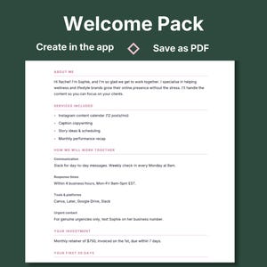 Branded client welcome pack PDF created in VADesk Onboarding, showing services, communication preferences, and payment terms
