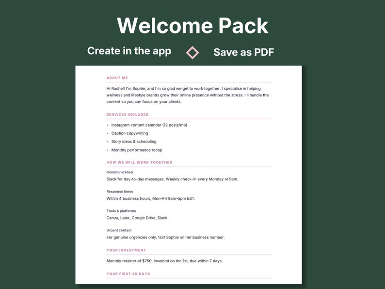 Branded client welcome pack PDF created in VADesk Onboarding, showing services, communication preferences, and payment terms