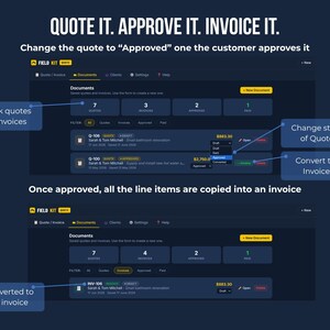 FieldKit quote to invoice workflow — change quote status to Approved, then all line items are automatically copied into a new invoice with matching document number.