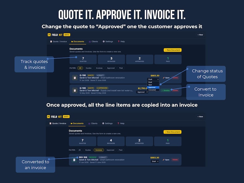 FieldKit quote to invoice workflow — change quote status to Approved, then all line items are automatically copied into a new invoice with matching document number.