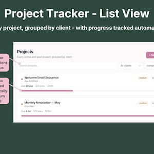 Project tracker list view showing projects grouped by client with search, filters, and automatically calculated progress bars