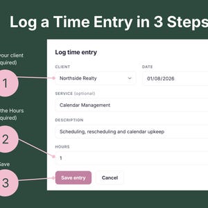 Three step time entry form for VADesk Billing Manager: pick client, enter hours, and save the entry
