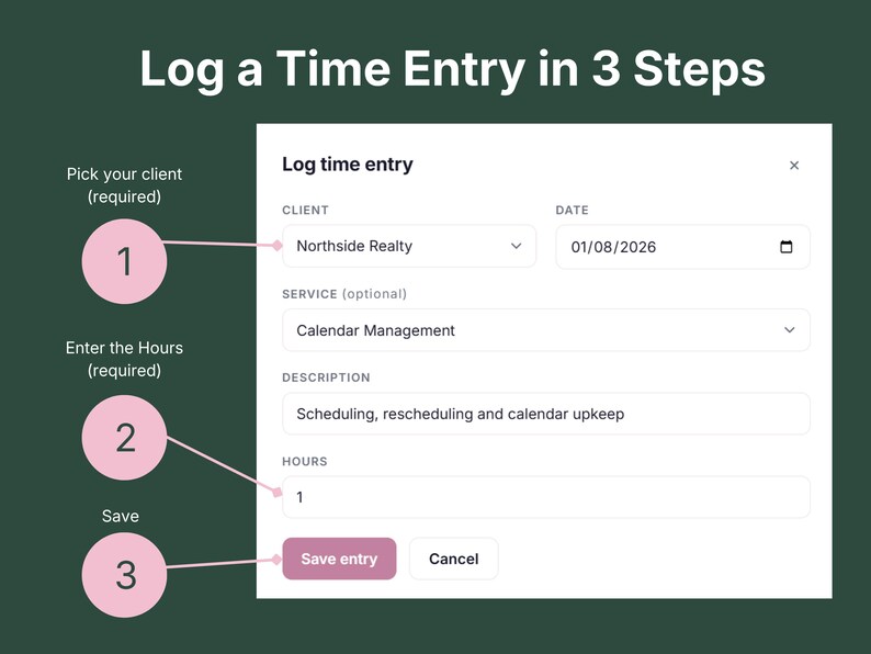 Three step time entry form for VADesk Billing Manager: pick client, enter hours, and save the entry