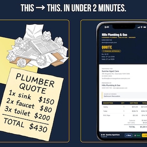 Before and after — handwritten quote on a sticky note versus FieldKit Quote and Invoice Generator showing professional dashboard with pipeline and revenue tracking. In under 2 minutes.