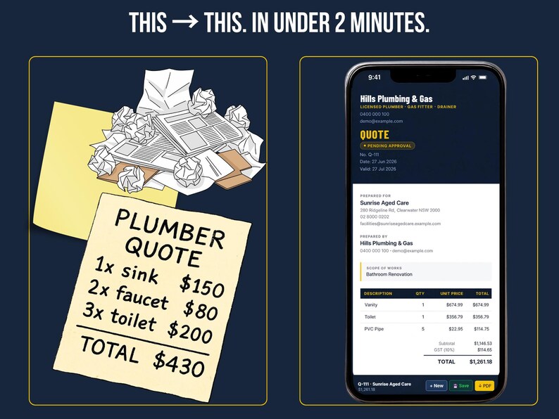Before and after — handwritten quote on a sticky note versus FieldKit Quote and Invoice Generator showing professional dashboard with pipeline and revenue tracking. In under 2 minutes.