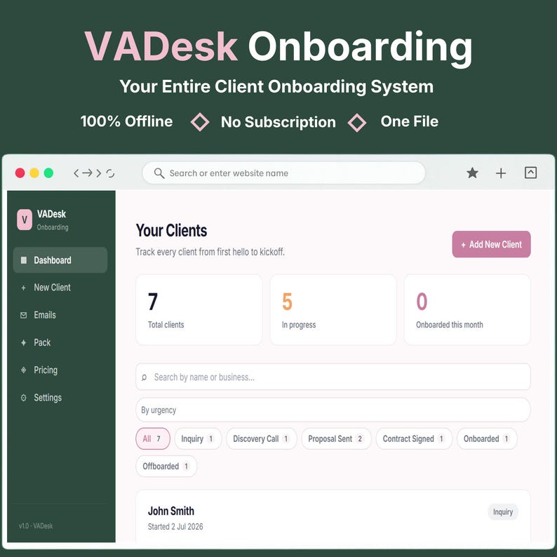 VADesk Onboarding client onboarding system dashboard showing the client pipeline, stage tracker, and progress bars for virtual assistants