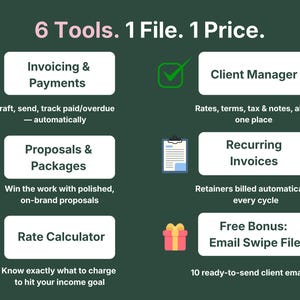 VADesk Billing Manager includes six tools in one file: invoicing and payments, client manager, proposals and packages, recurring invoices, rate calculator, and a free bonus email swipe file