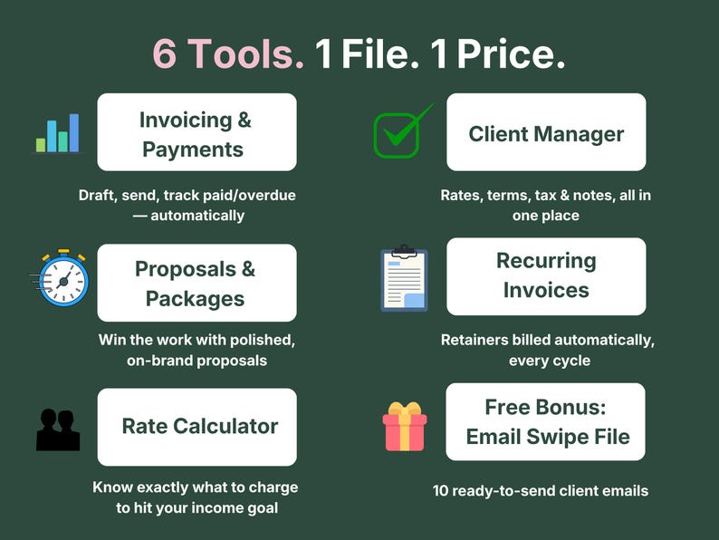 VADesk Billing Manager includes six tools in one file: invoicing and payments, client manager, proposals and packages, recurring invoices, rate calculator, and a free bonus email swipe file