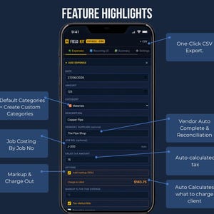 Feature highlights for FieldKit Expense Tracker: job costing, markup and charge-out calculator, recurring expense templates, vendor autocomplete, offline access, CSV export, backup and restore.