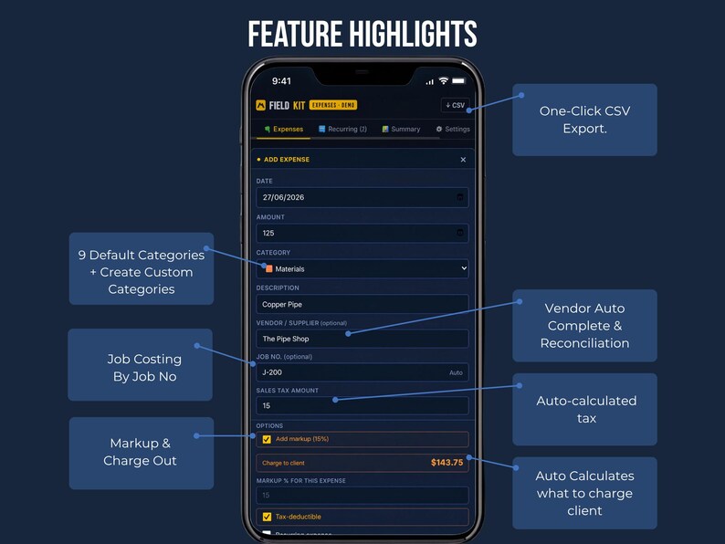 Feature highlights for FieldKit Expense Tracker: job costing, markup and charge-out calculator, recurring expense templates, vendor autocomplete, offline access, CSV export, backup and restore.