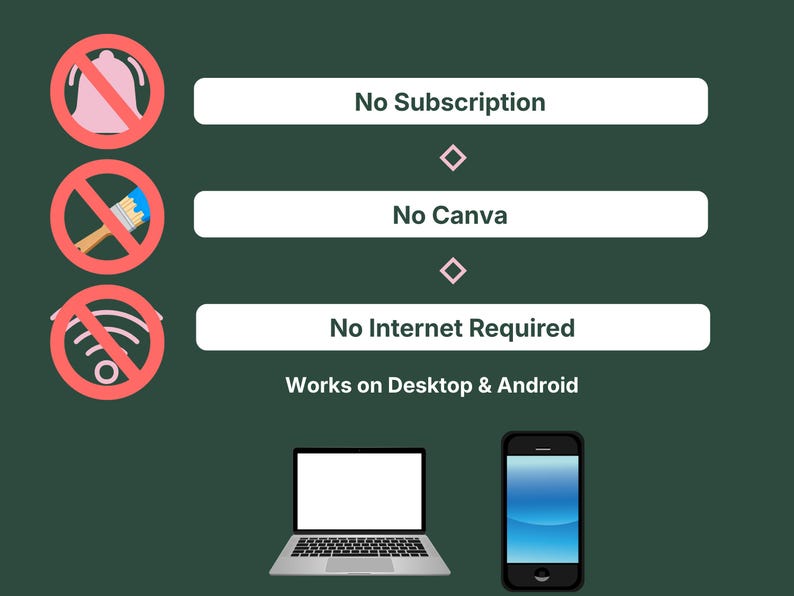 VADesk Planning needs no subscription, no Canva, and no internet connection — works offline on desktop and Android