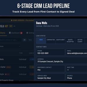 6-stage CRM lead pipeline: New, Contacted, Quote Sent, Quote Accepted, Active Client, Lost — FieldKit small business client tracker