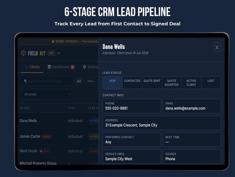 6-stage CRM lead pipeline: New, Contacted, Quote Sent, Quote Accepted, Active Client, Lost — FieldKit small business client tracker