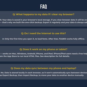 FieldKit Invoice Tracker frequently asked questions covering installation, device compatibility, browser data, mobile use, and offline capability