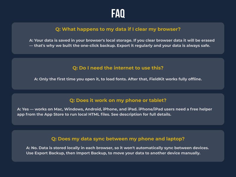 FieldKit Invoice Tracker frequently asked questions covering installation, device compatibility, browser data, mobile use, and offline capability