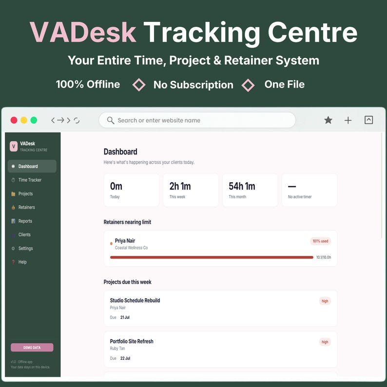 VADesk Tracking Centre dashboard on laptop screen showing client tracker, task tracker, and live timer for virtual assistants and freelancers