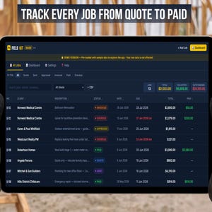 FieldKit Invoice Tracker all jobs view on laptop showing full job list with color-coded status badges, totals, collected, and outstanding amounts