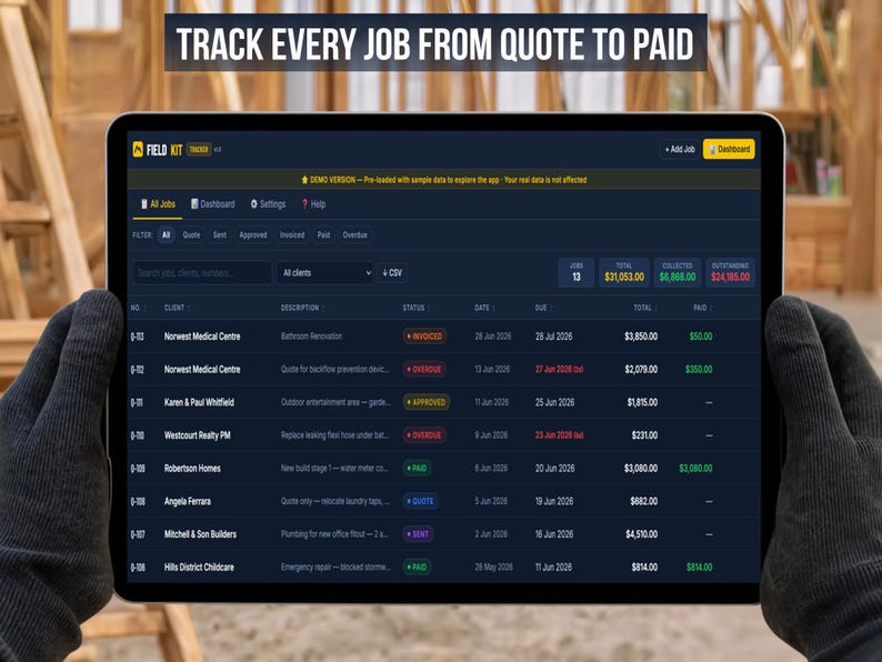 FieldKit Invoice Tracker all jobs view on laptop showing full job list with color-coded status badges, totals, collected, and outstanding amounts