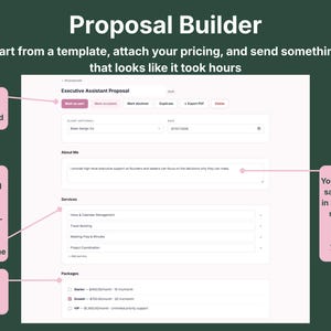 Proposal builder screen showing client details, bio, service list, and package selection for a virtual assistant proposal