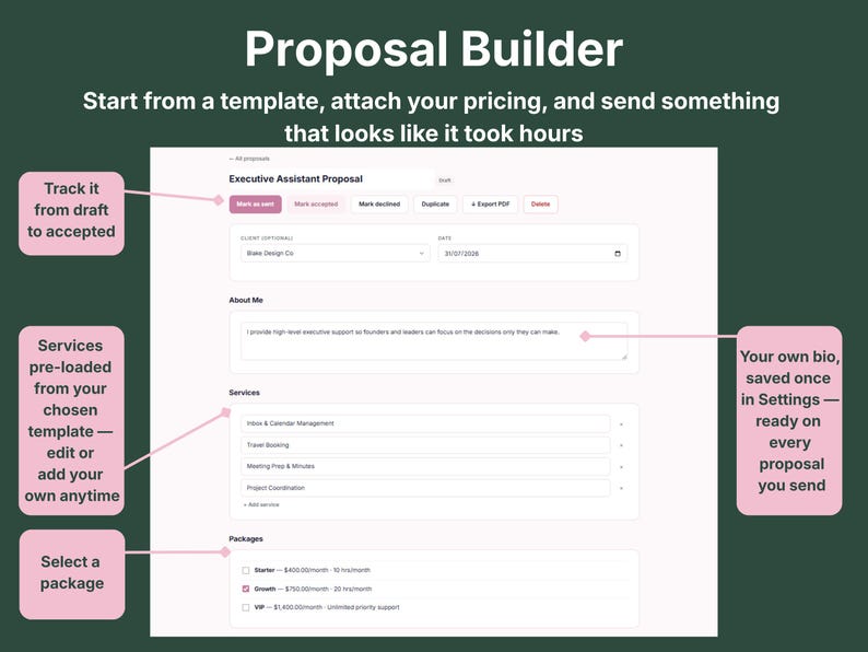 Proposal builder screen showing client details, bio, service list, and package selection for a virtual assistant proposal