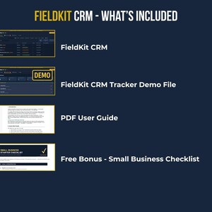 FieldKit CRM listing contents graphic showing what's included: Fieldkit CRM, Fieldkit CRM Demo File, a PDF user guide page, and a free small business starter checklist bonus.