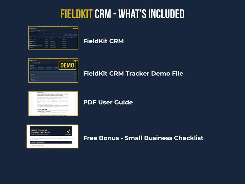 FieldKit CRM listing contents graphic showing what's included: Fieldkit CRM, Fieldkit CRM Demo File, a PDF user guide page, and a free small business starter checklist bonus.