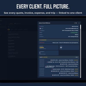 Client CRM for small business — FieldKit PRO shows full client history including invoices, expenses, mileage trips and quotes linked to one client, no subscription