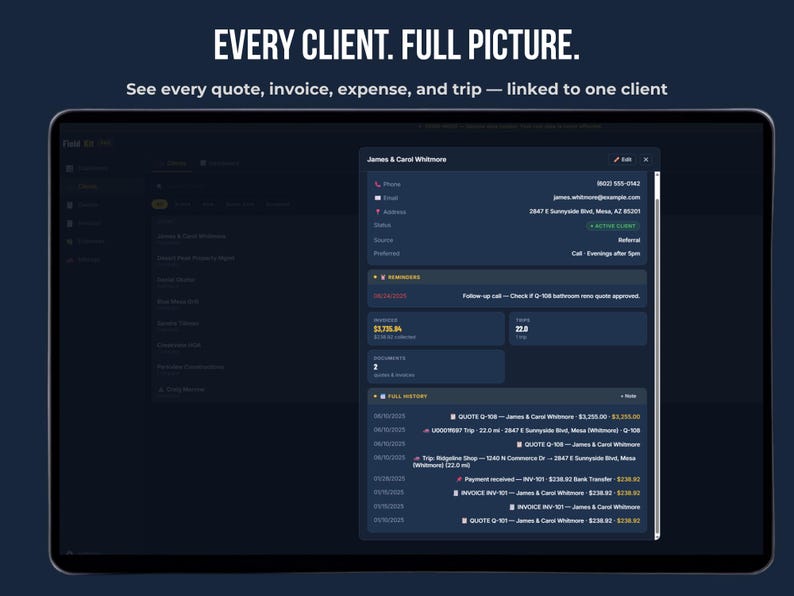 Client CRM for small business — FieldKit PRO shows full client history including invoices, expenses, mileage trips and quotes linked to one client, no subscription