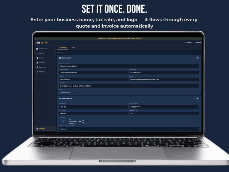 Screenshot of FieldKit Pro settings page on a laptop showing business info fields (name, trade, license, phone, email, address, logo upload) and regional & tax settings (currency, date format, tax rate) with the heading 'Set It Once. Done.