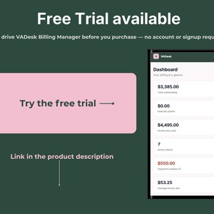 Free trial available for VADesk Billing Manager invoice tracker, phone mockup of dashboard, test drive before purchase with no account or signup required